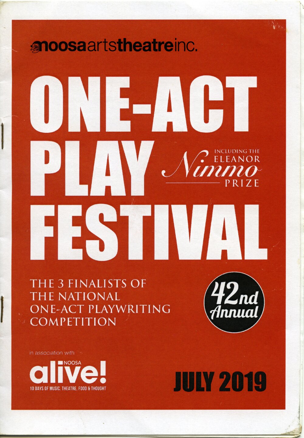 Program, One-Act Play Festival, Noosa Arts Theatre, Weyba Road, Noosaville, July 2019