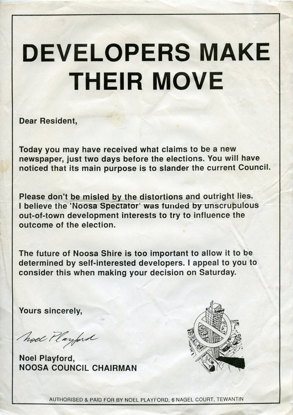 Noel Playford note to residences, local government election, Noosa Council, Tewantin, March 1991