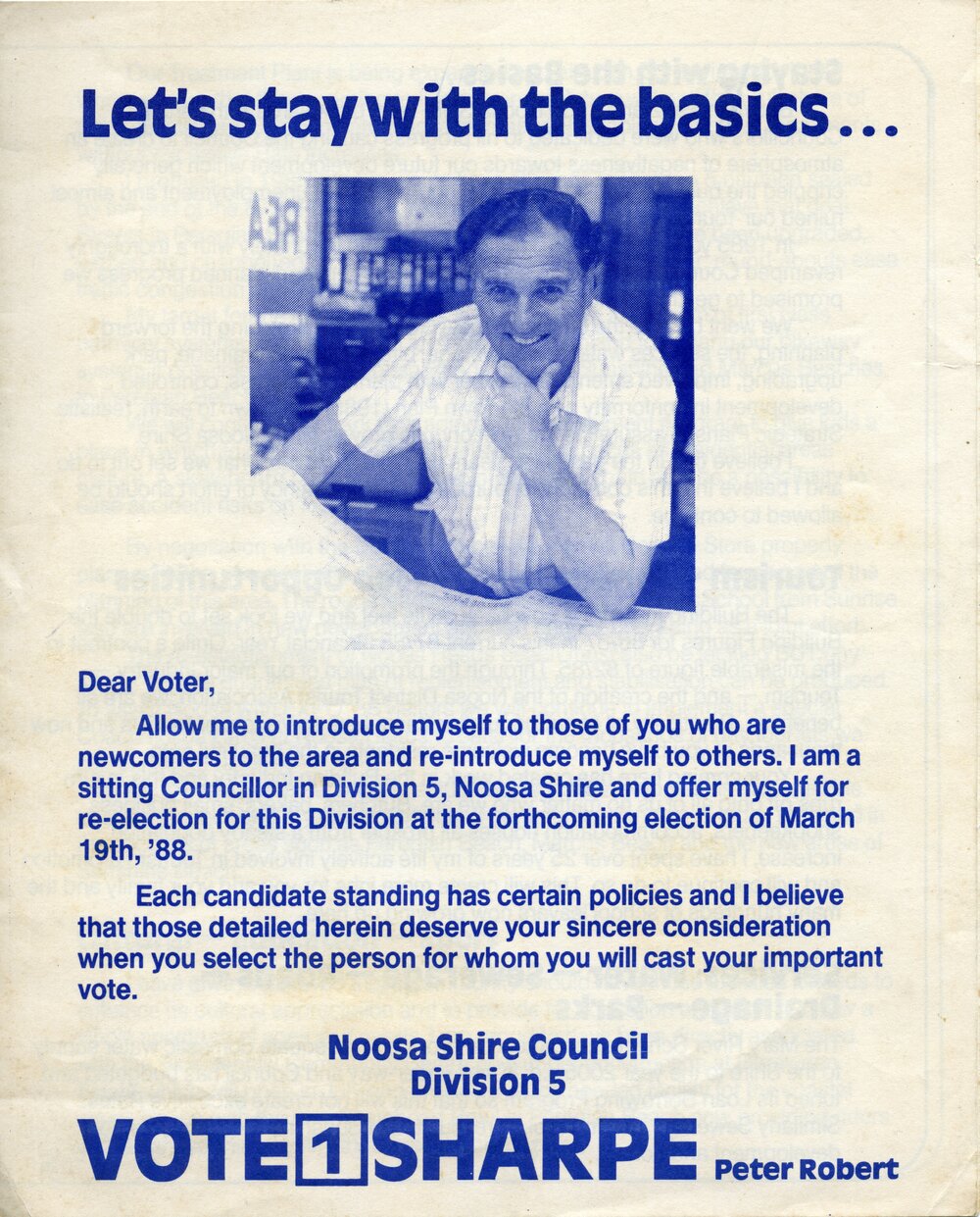 Peter Sharpe, How-to-Vote Card, local government election, Noosa Council, Tewantin, March 1988