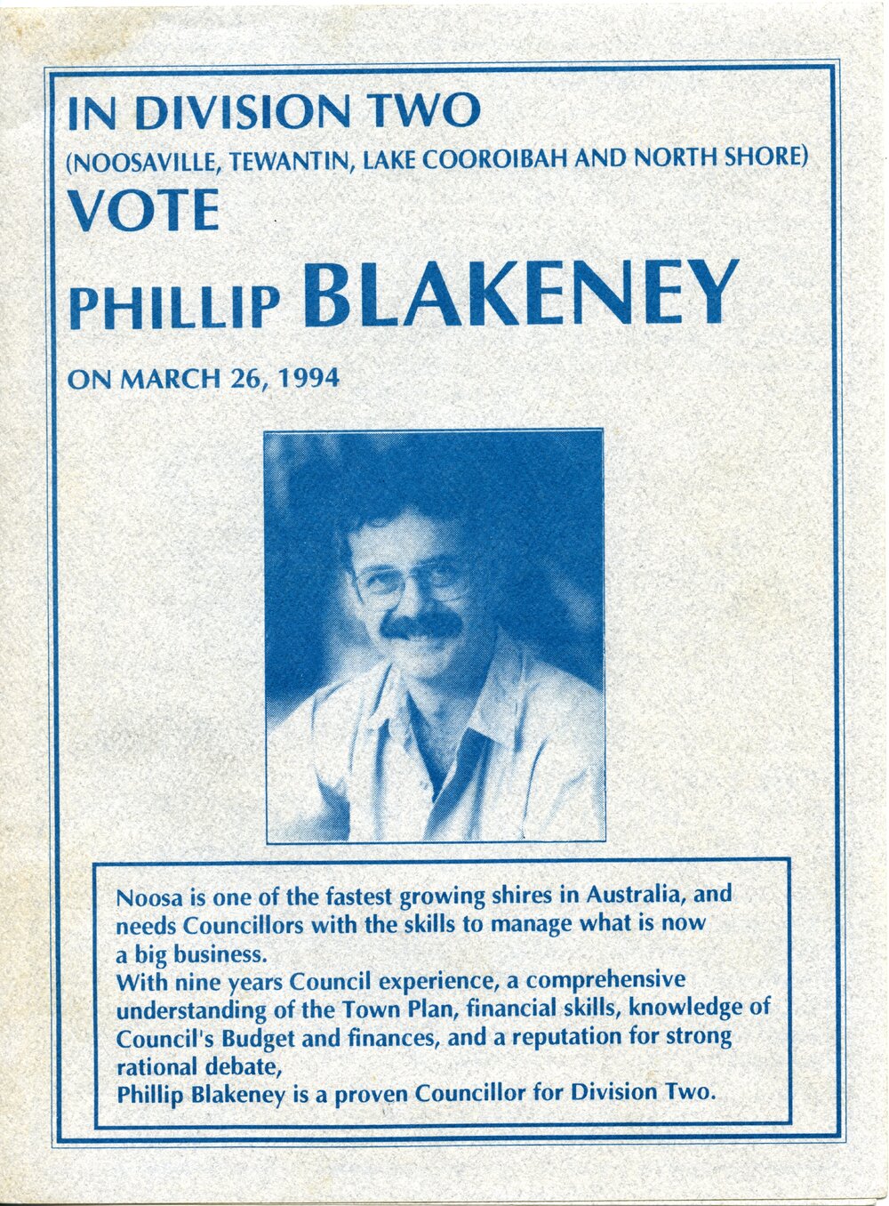 Philip Blakeney, How-to-Vote Card, local government election, Noosa Council, Tewantin, 26 March 1994