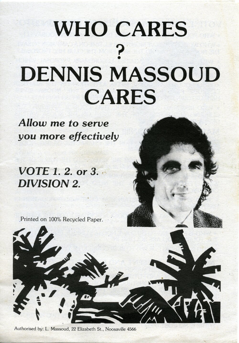 Dennis Massoud, How-to-Vote Card, local government election, Noosa Council, Tewantin, March 1991