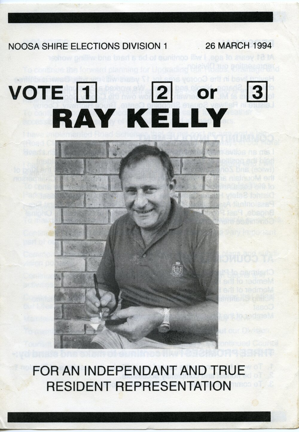 Ray Kelly, How-to-Vote Card, local government election, Noosa Council, Tewantin, 26 March 1994