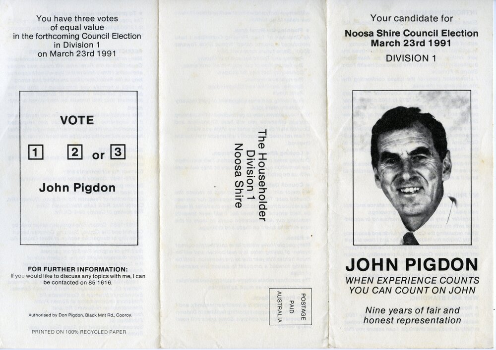 John Pigdon, How-to-Vote Card, local government election, Noosa Council, Tewantin, 23 March 1991