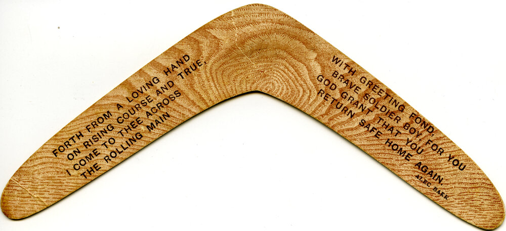 Printed boomerang, displayed during the Noosa's War Front exhibition at Noosaville Library, Noosaville, 20 November 2015