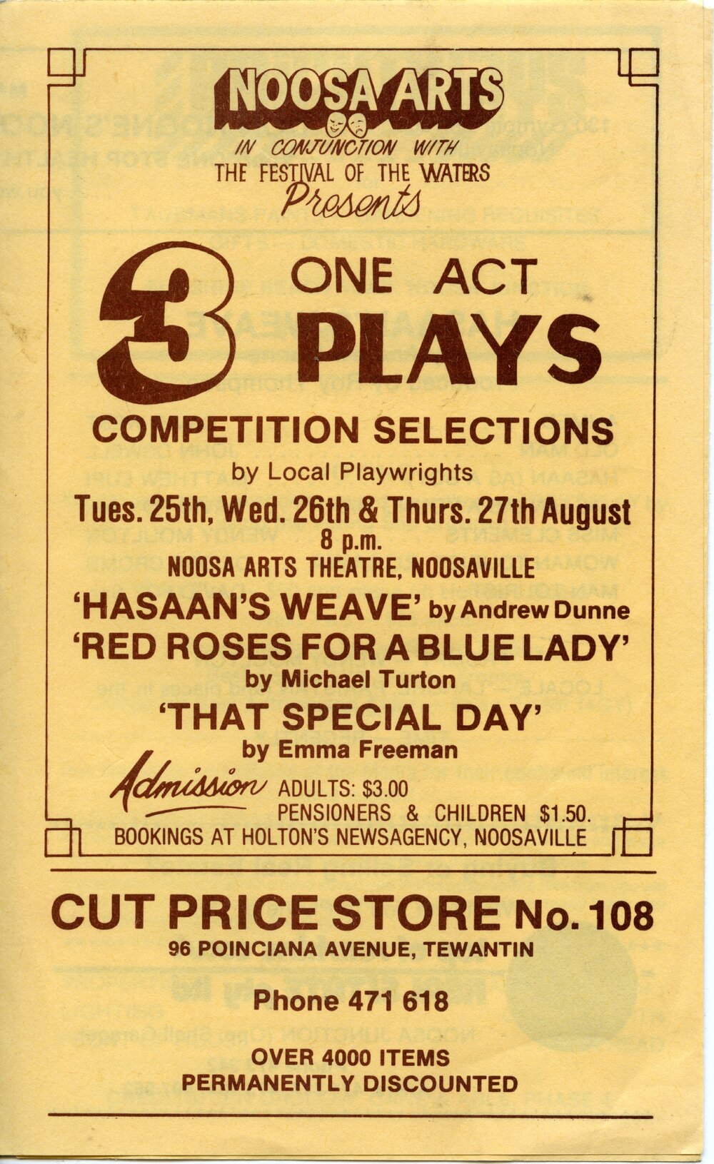 Program, '3 One Act Plays', Noosa Arts Theatre, Weyba Road, Noosaville, 25- 27 August 1981