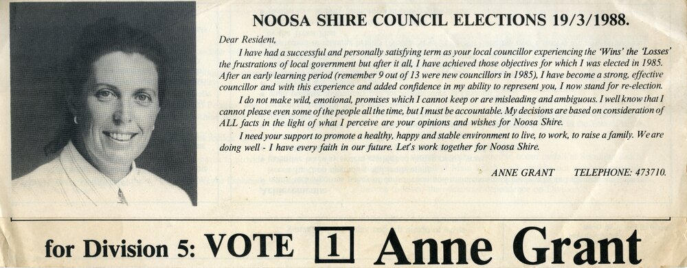 Anne Grant, How-to-Vote Card, local government election, Noosa Council, Tewantin, 19 March 1988