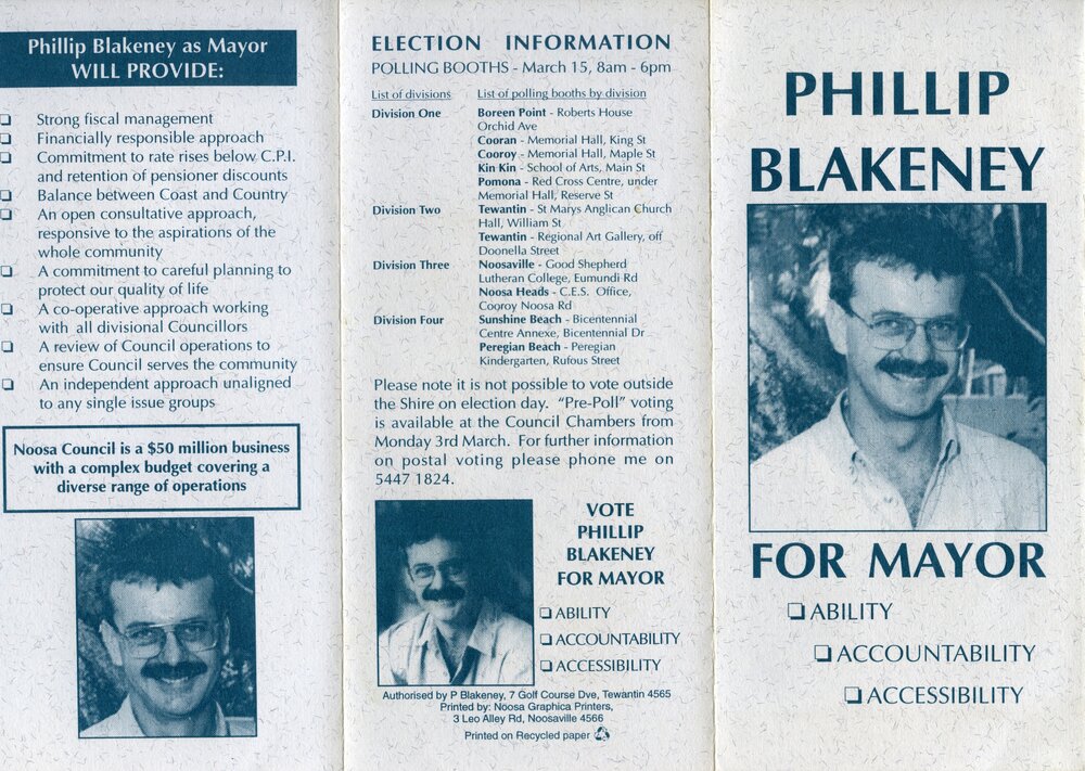 Philip Blakeney, How-to-Vote Card, local government election, Noosa Council, Tewantin, 15 March 1997