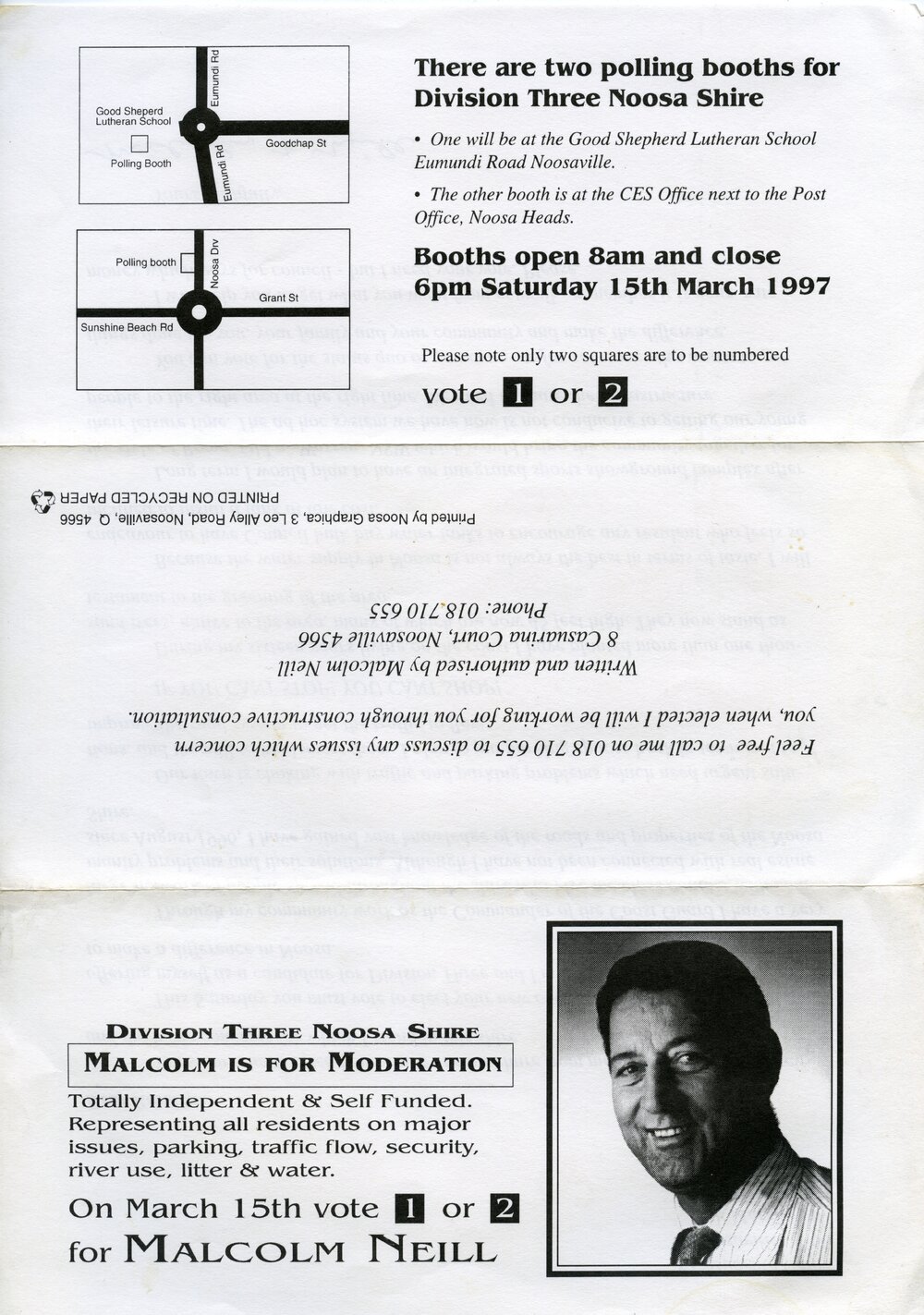 Malcolm Neill, How-to-Vote Card, local government election, Noosa Council, Tewantin, 15 March 1997