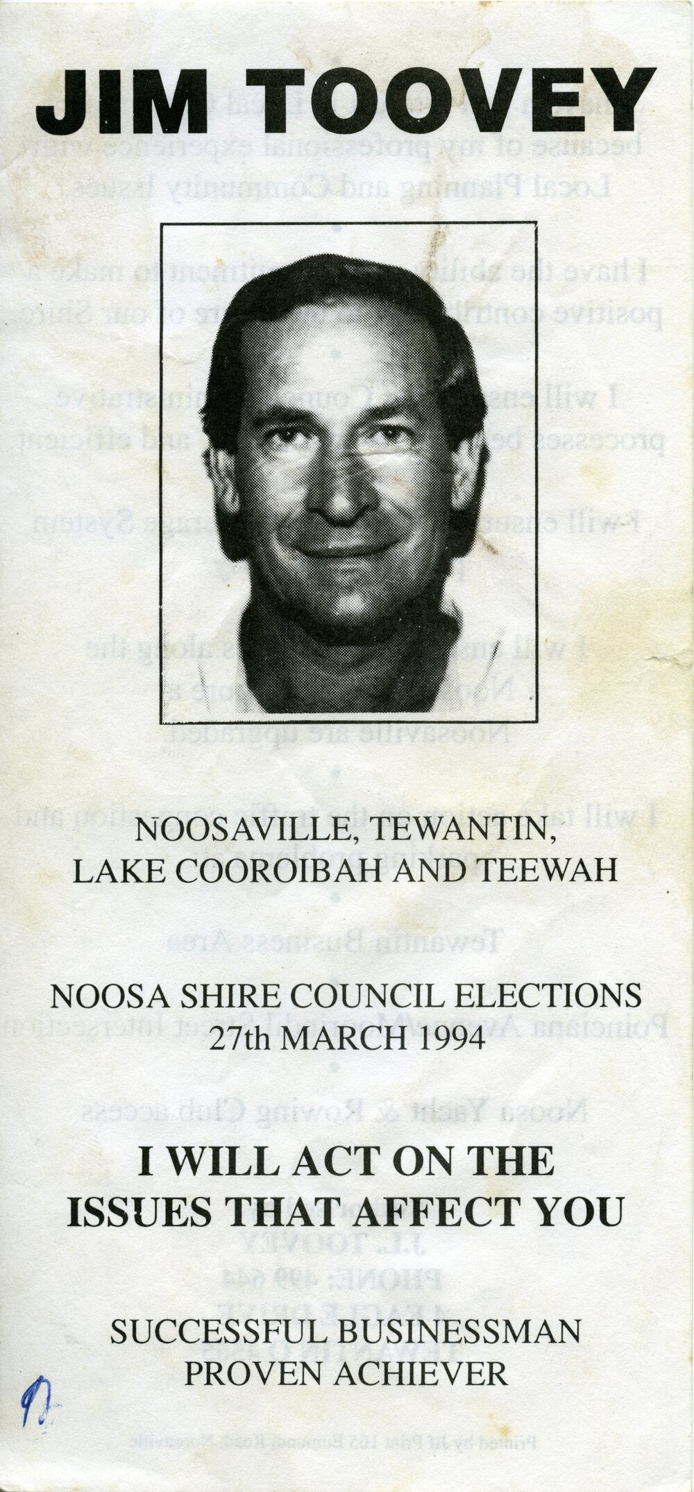 Jim Toovey, How-to-Vote Card, local government election, Noosa Council, Tewantin, 27 March 1994