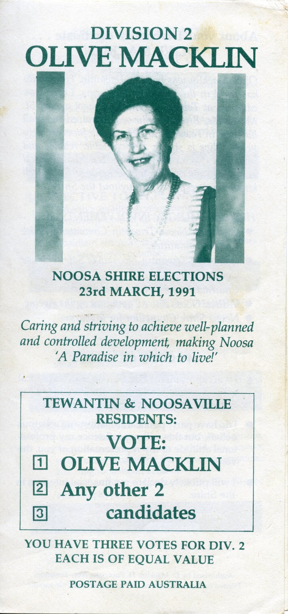 Olive Macklin, How-to-Vote Card, local government election, Noosa Council, Tewantin, 23 March 1991