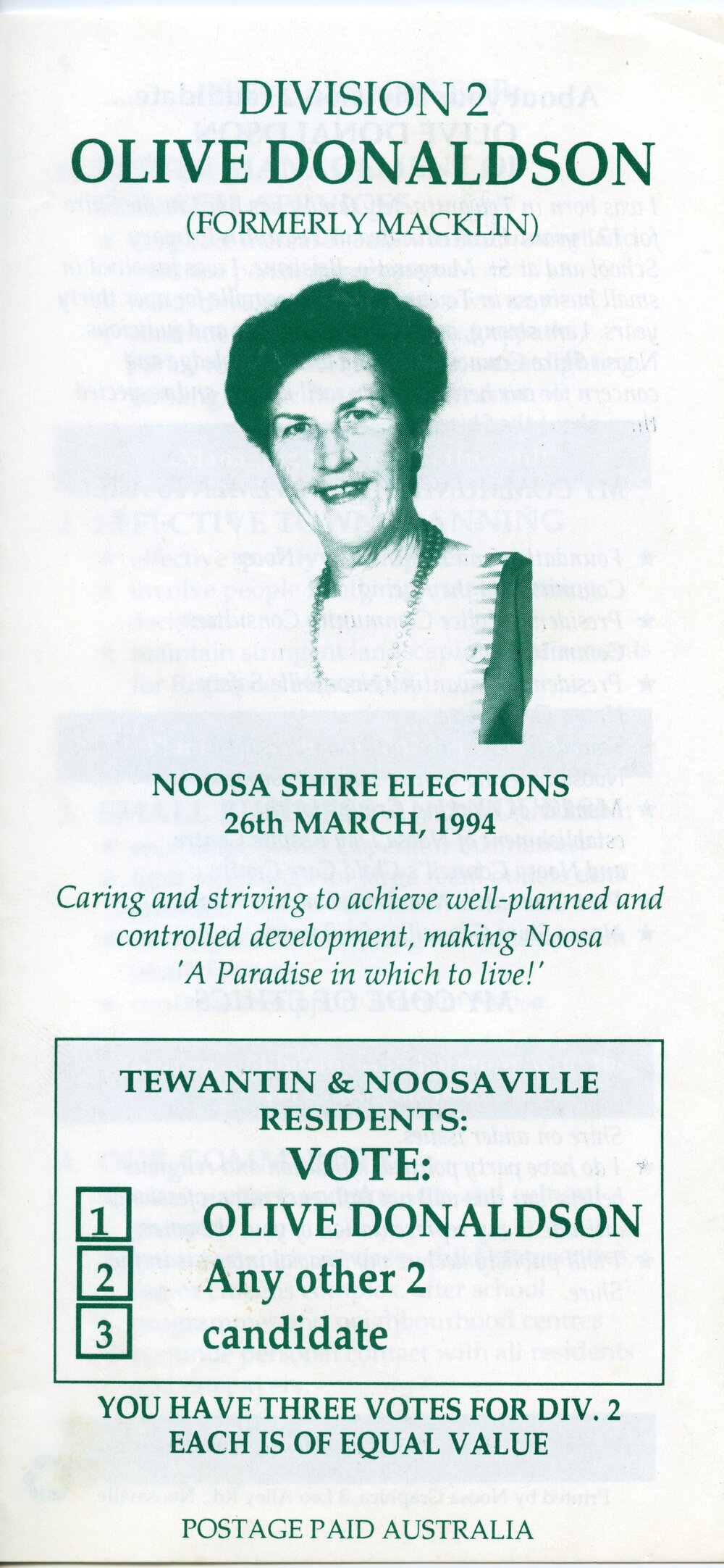 Olive Macklin, How-to-Vote Card, local government election, Noosa Council, Tewantin, 26 March 1994