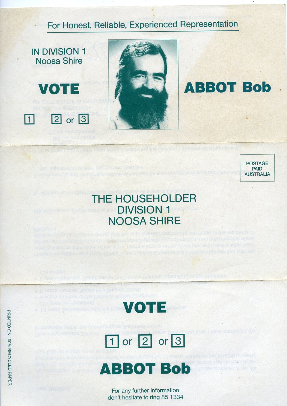 Bob Abbot, How-to-Vote Card, local government election, Noosa Council, Tewantin, 26 March 1994
