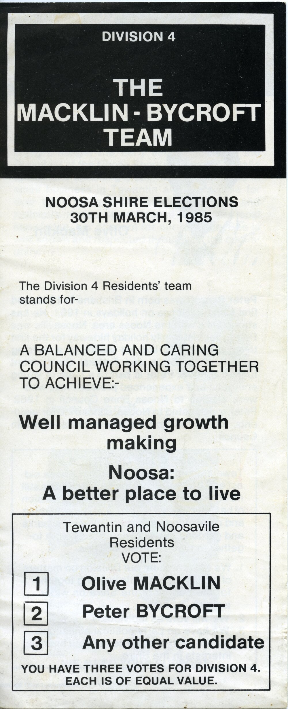 Olive Macklin, How-to-Vote Card, local government election, Noosa Council, Tewantin, 30 March 1985