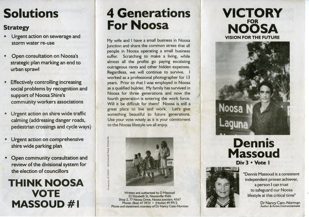 Dennis Massoud, How-to-Vote Card, local government election, Noosa Council, Tewantin, 26 March 1994