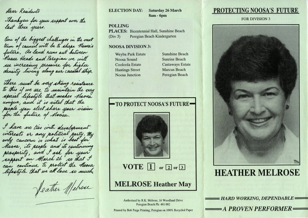 Heather Melrose, How-to-Vote Card, local government election, Noosa Council, Tewantin, 26 March 1994