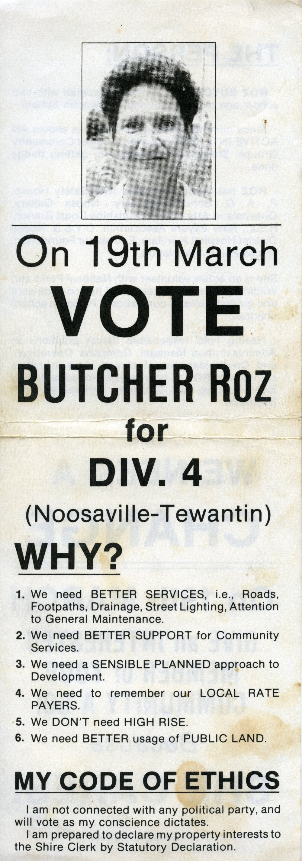 Roz Butcher, How-to-Vote Card, local government election, Noosa Council, Tewantin, 19 March 1988