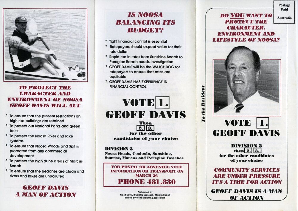 Geoff Davis, How-to-Vote Card, local government election, Noosa Council, Tewantin, 26 March 1994