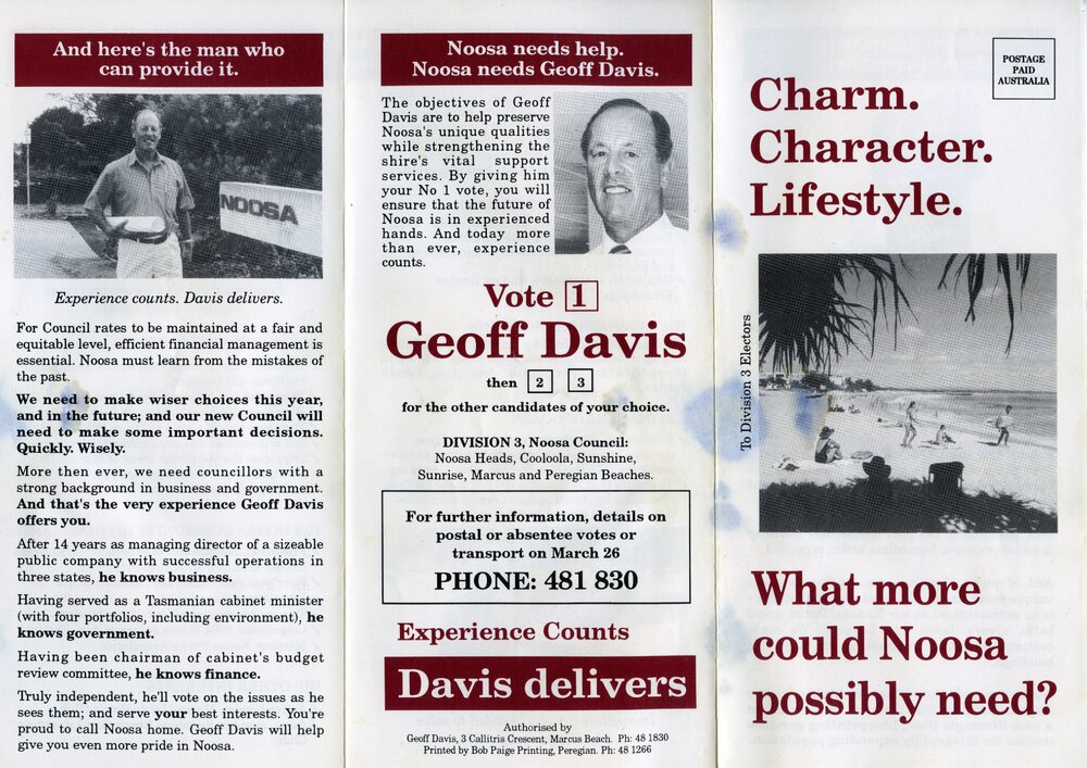 Geoff Davis, How-to-Vote Card, local government election, Noosa Council, Tewantin, 26 March 1994