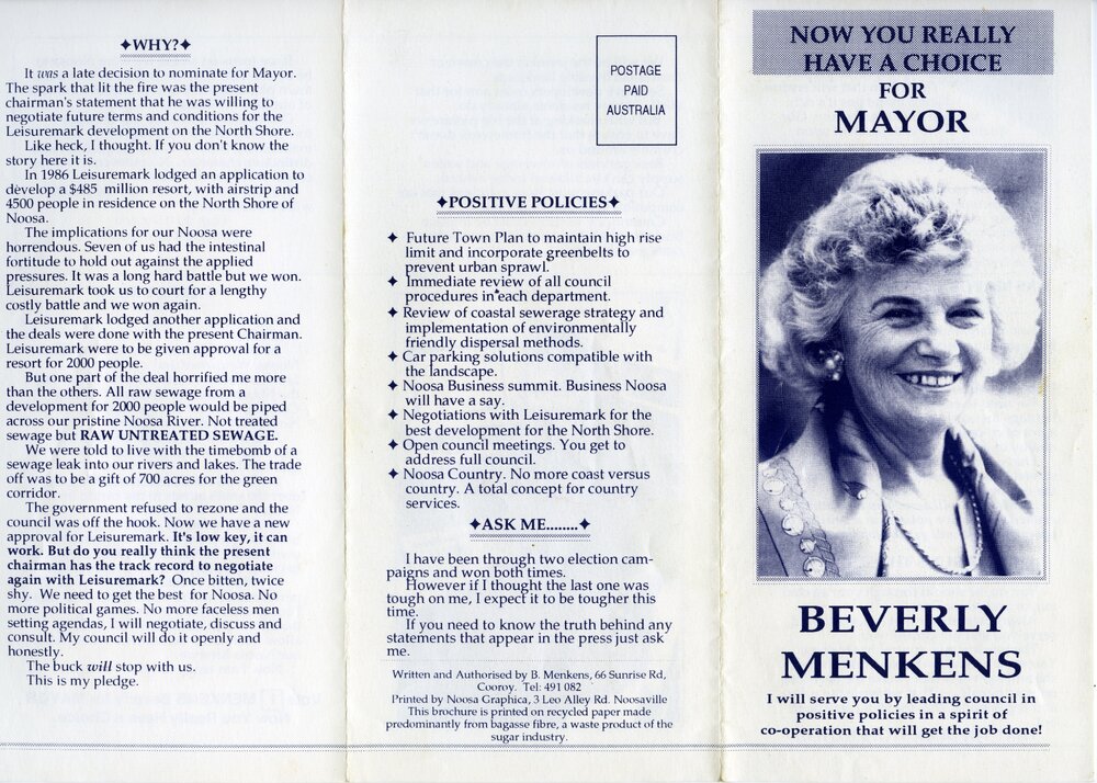 Beverly Menkens, How-to-Vote Card, local government election, Noosa Council, Tewantin, 15 March 1997