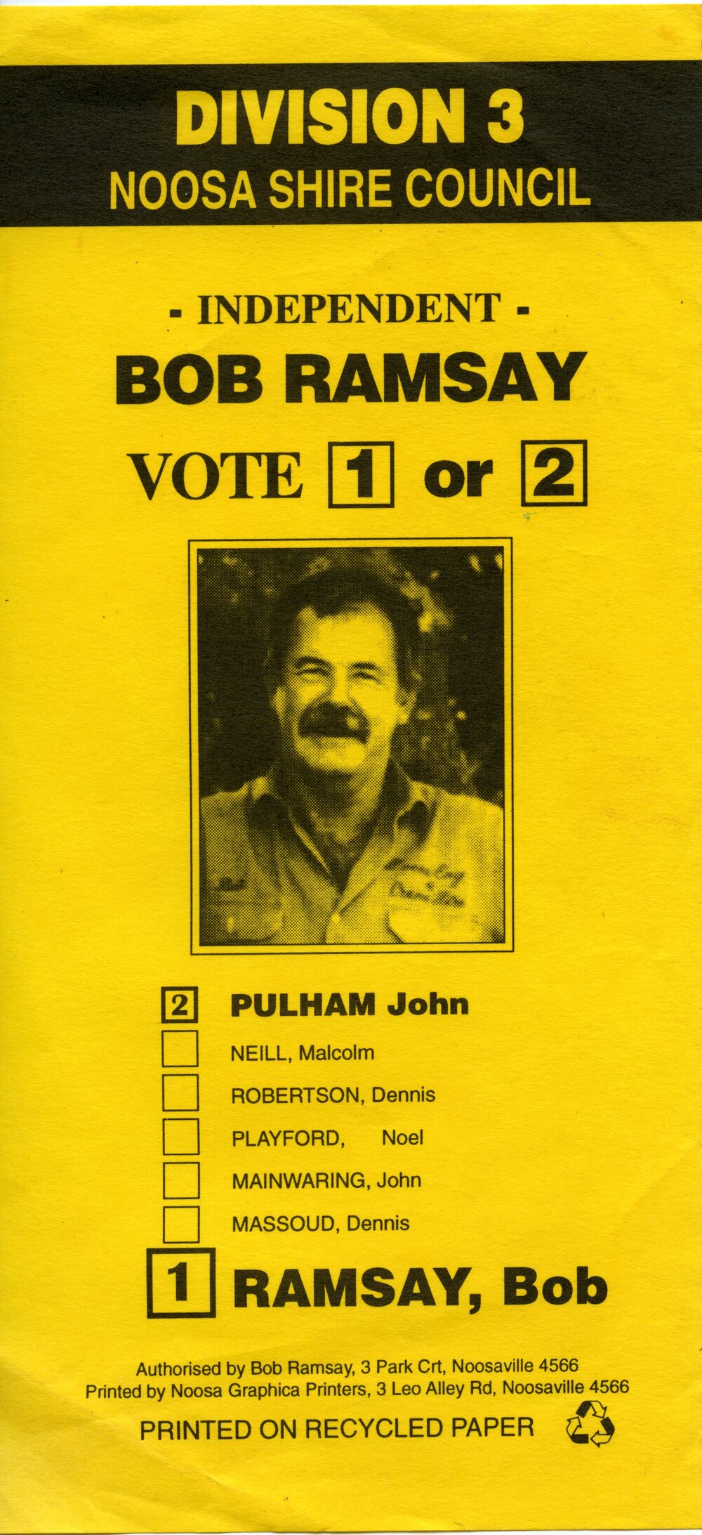 Bob Ramsay, How-to-Vote Card, local government election, Noosa Council, Tewantin, 19 March 1988