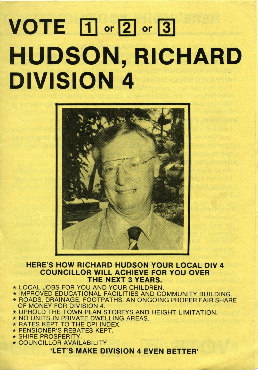 Richard Hudson, How-to-Vote Card, local government election, Noosa Council, Tewantin, 19 March 1988