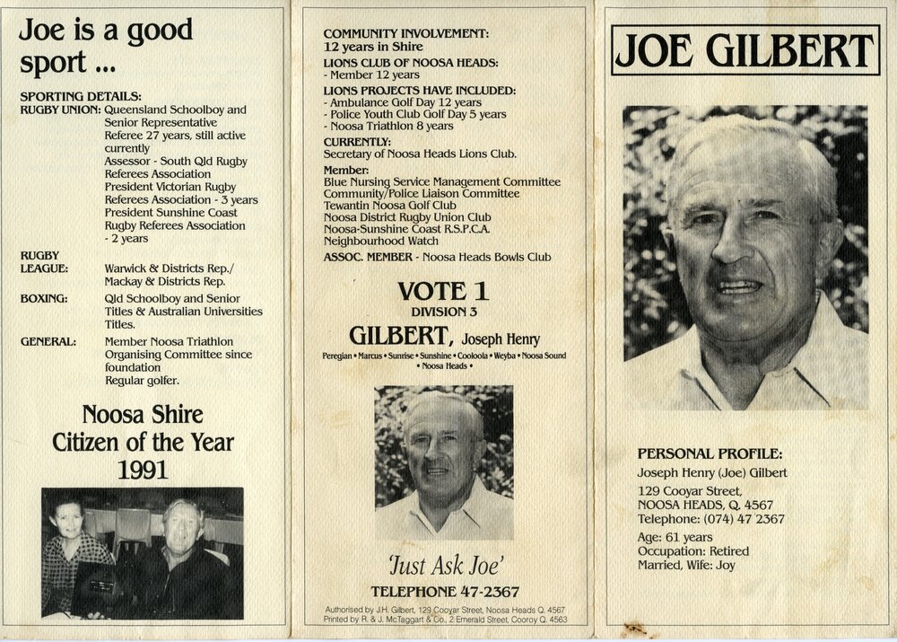Joe Gilbert, How-to-Vote Card, local government election, Noosa Council, Tewantin, 27 March 1994
