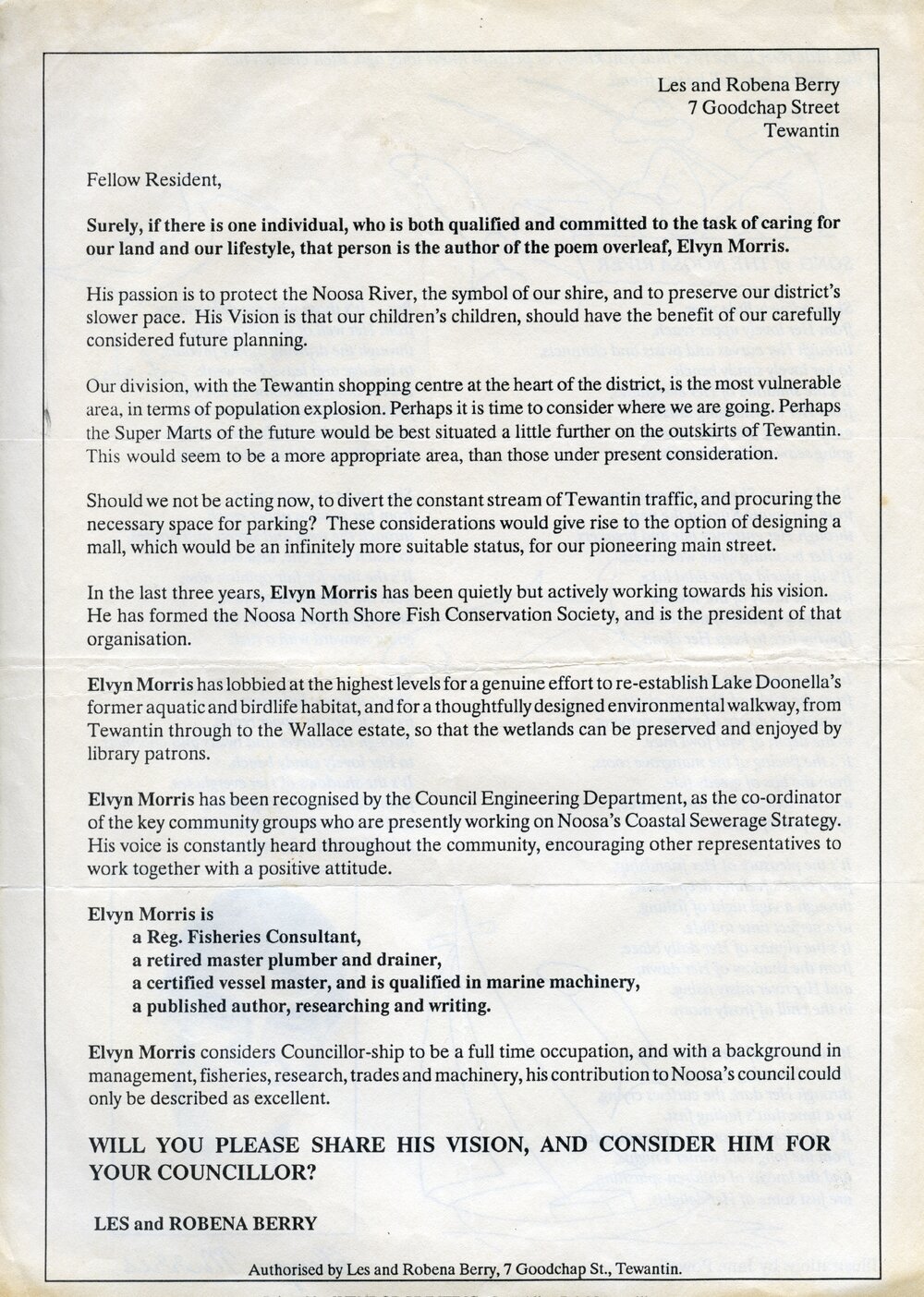Letter to residents, support for Elvyn Morris, local government election, Noosa Council, Tewantin, 26 March 1994