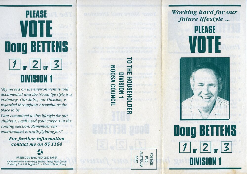 Doug Bettens, How-to-Vote Card, local government election, Noosa Council, Tewantin, 27 March 1994