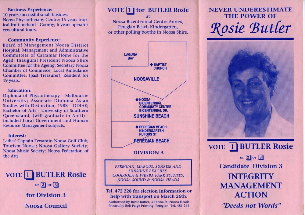 Rosie Butler, How-to-Vote Card, local government election, Noosa Council, Tewantin, 26 March 1994