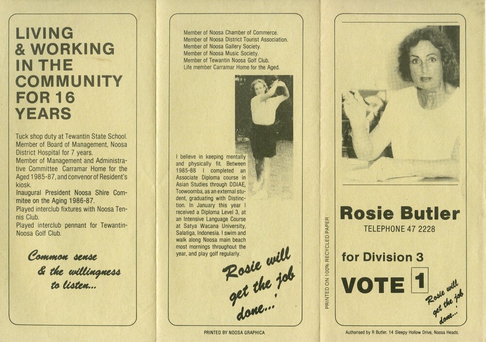 Rosie Butler, How-to-Vote Card, local government election, Noosa Council, Tewantin, 19 March 1988