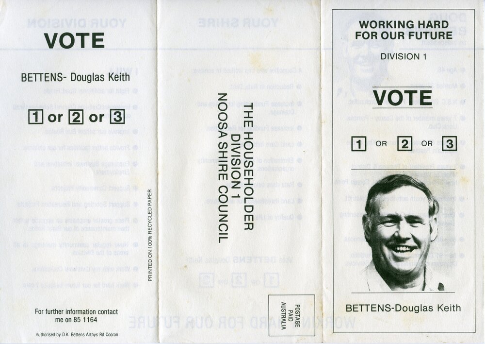Doug Bettens, How-to-Vote Card, local government election, Noosa Council, Tewantin, 23 March 1991