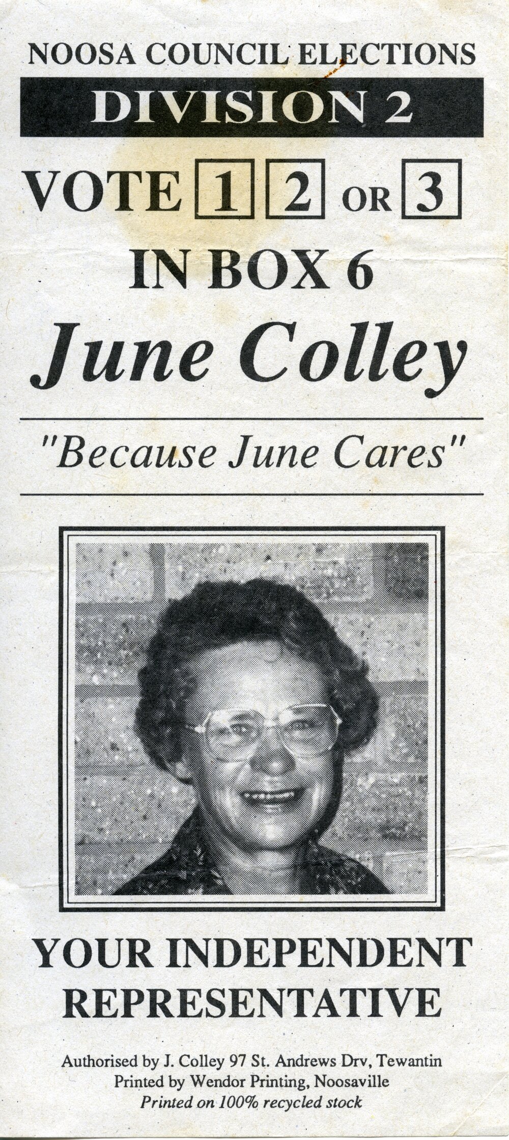 June Colley, How-to-Vote Card, local government election, Noosa Council, Tewantin, 23 March 1991
