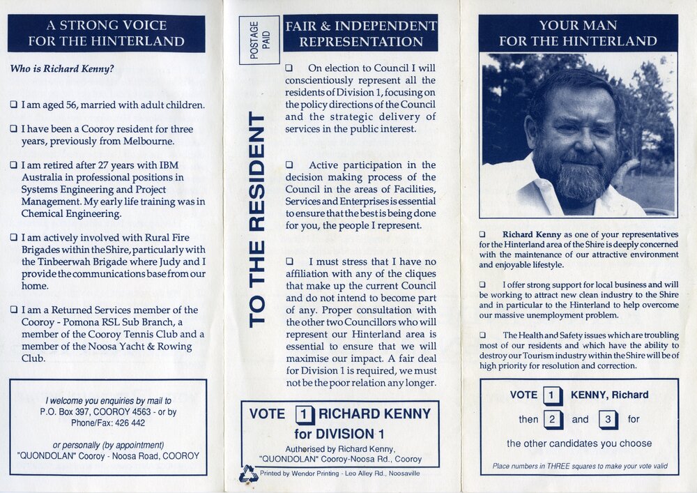 Richard Kenny, How-to-Vote Card, local government election, Noosa Council, Tewantin, 15 March 1997