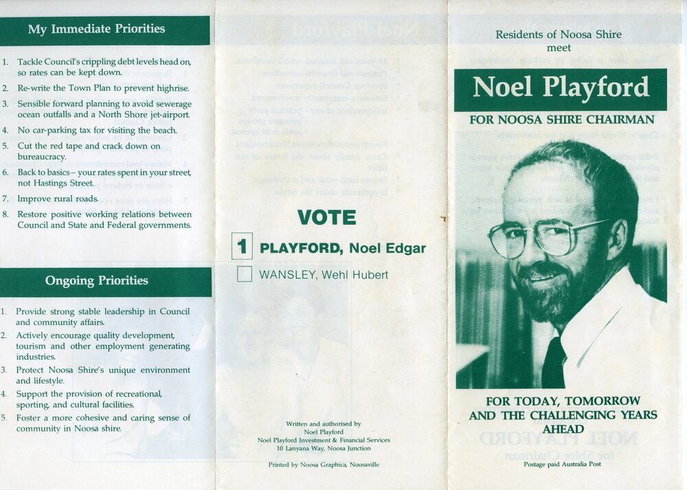 Noel Playford, How-to-Vote Card, local government election, Noosa Council, Tewantin, 19 March 1988