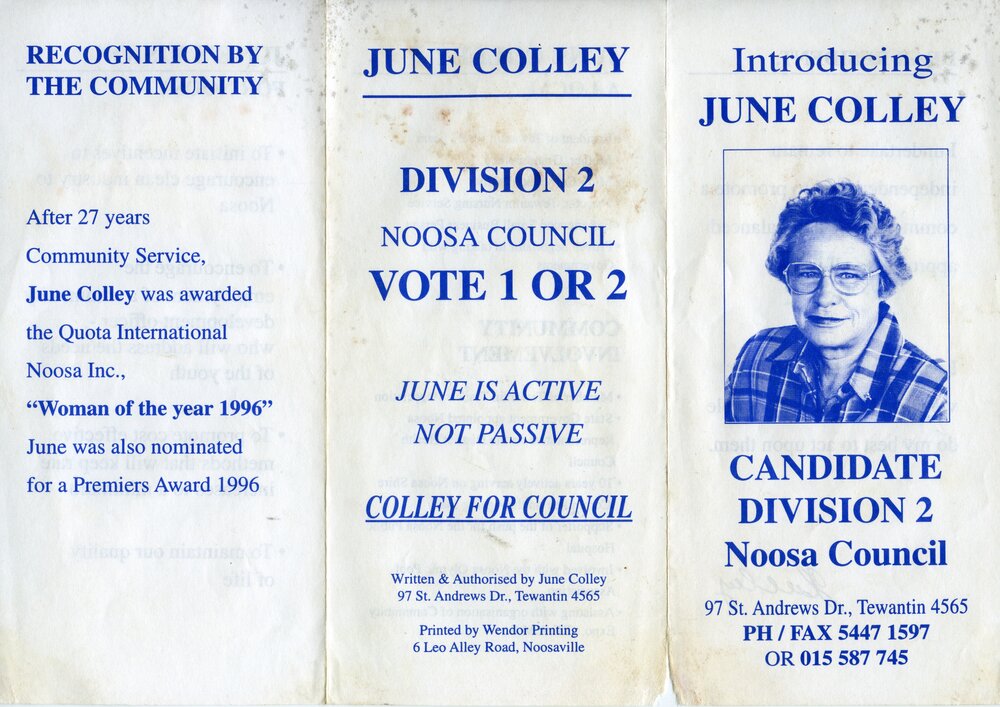 June Colley, How-to-Vote Card, local government election, Noosa Council, Tewantin, 15 March 1997
