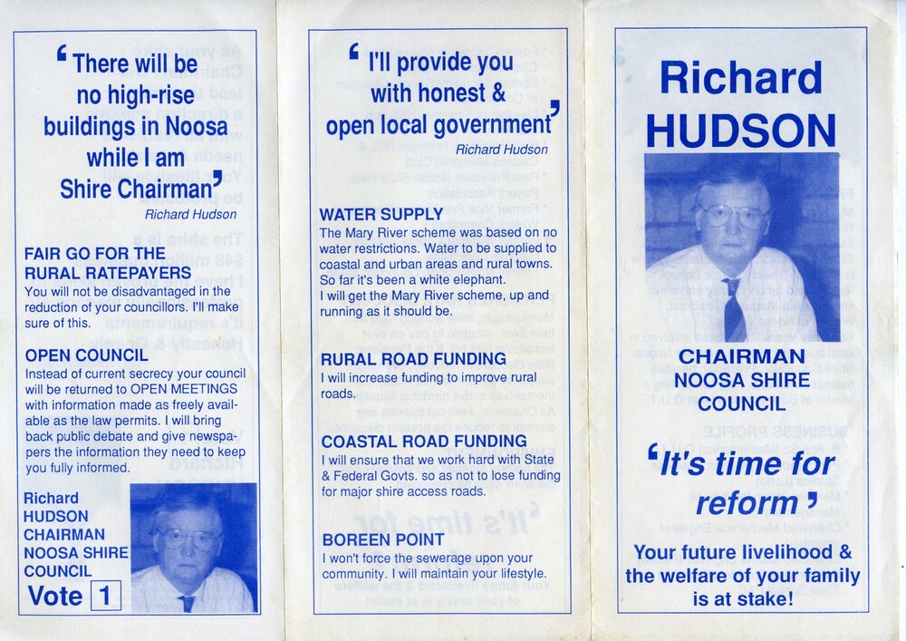 Richard Hudson, How-to-Vote Card, local government election, Noosa Council, Tewantin, 23 March 1991