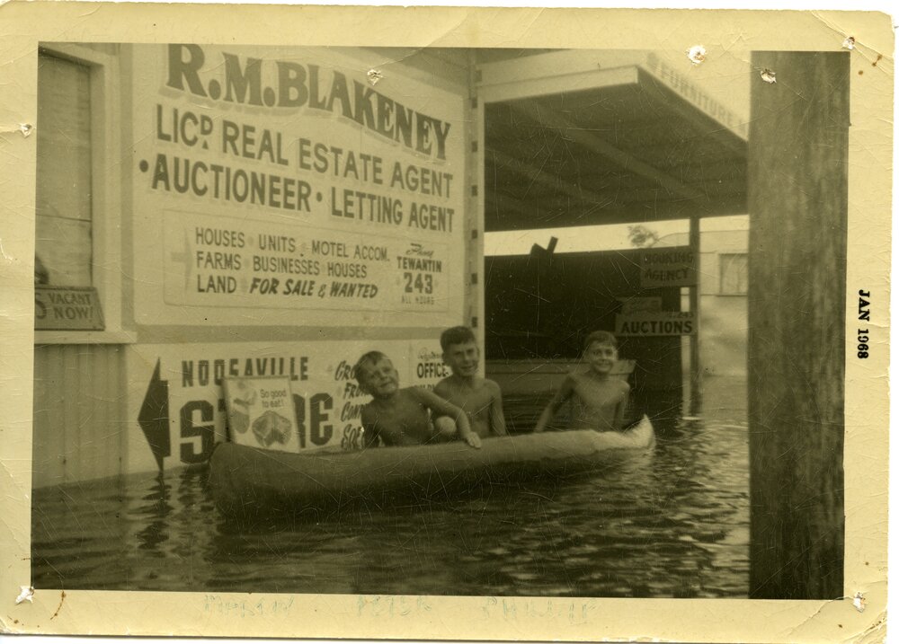 Martin, Peter and Phillip Blakeney (l-r), flooding, Gympie Terrace, Noosaville, January 1968