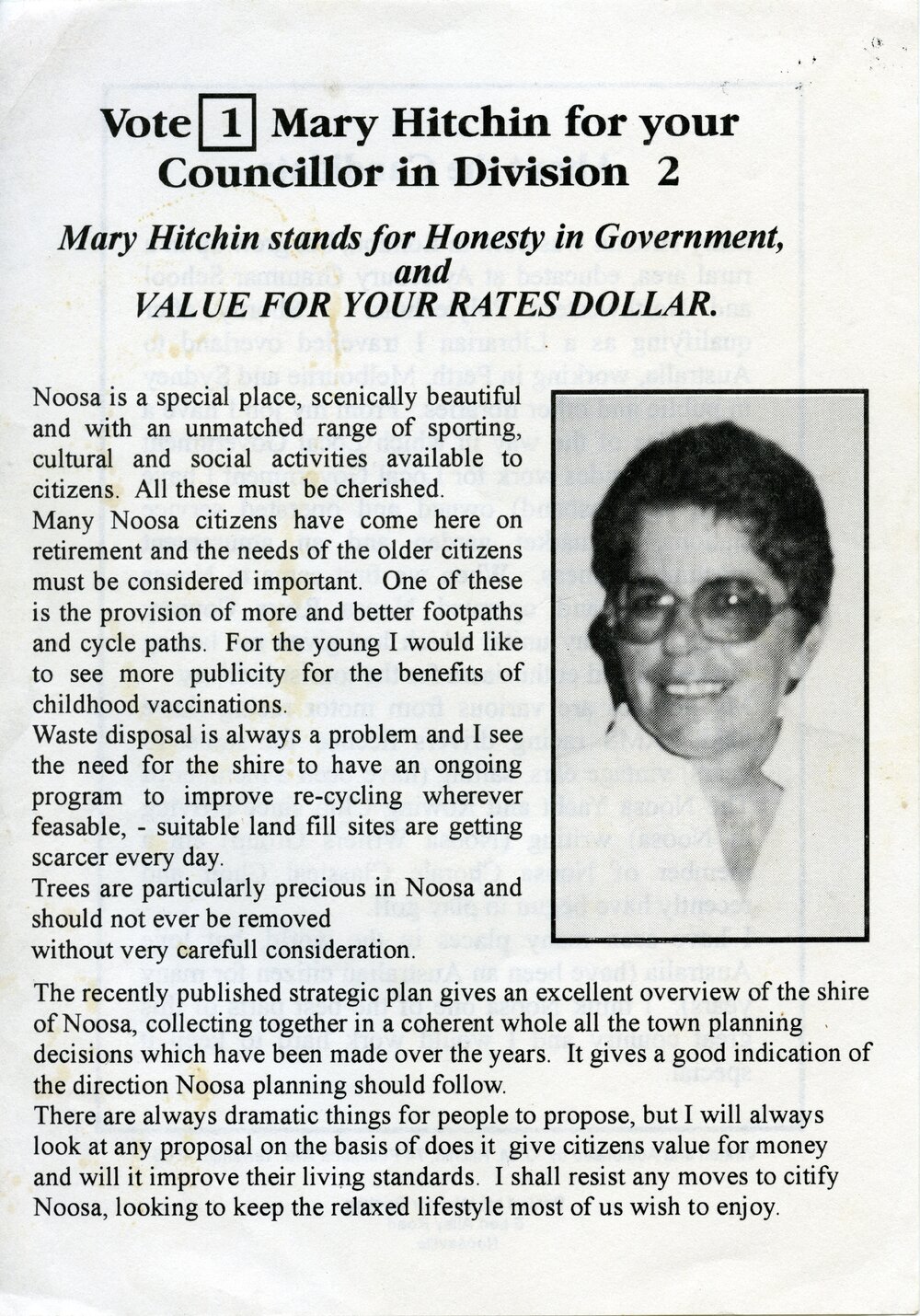 Mary Hitchin, How-to-Vote Card, local government election, Noosa Council, Tewantin, 19 March 1988