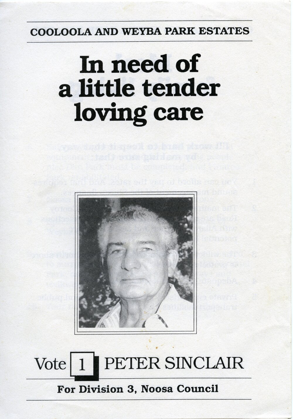 Peter Sinclair, How-to-Vote Card, local government election, Noosa Council, Tewantin, 23 March 1991