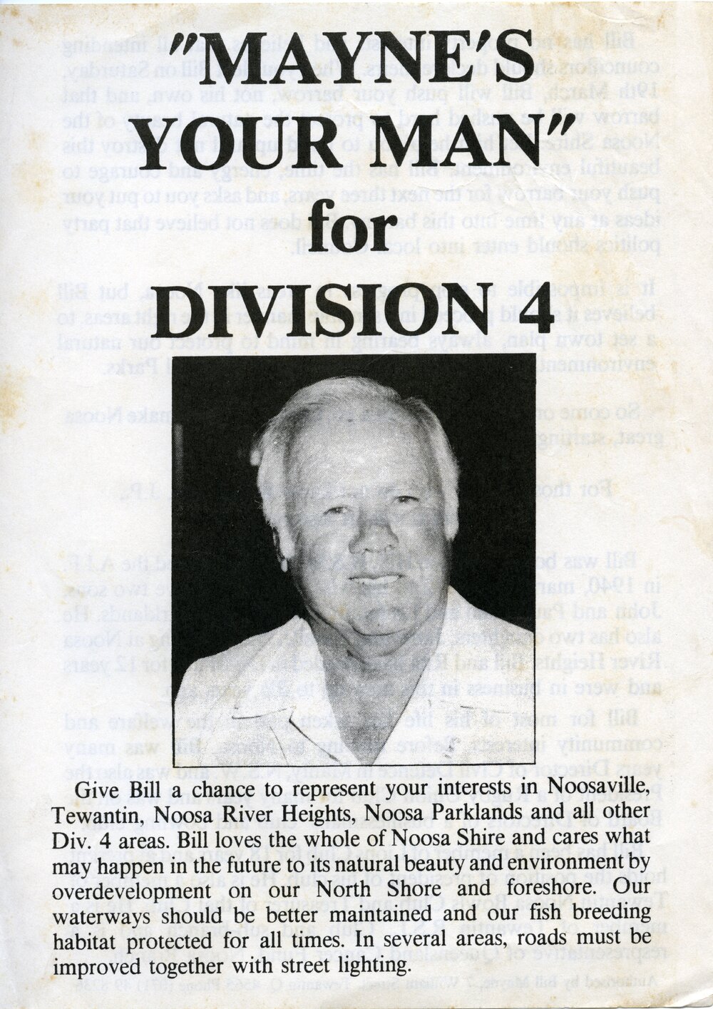 Bill Maynes, How-to-Vote Card, local government election, Noosa Council, Tewantin, 19 March 1988
