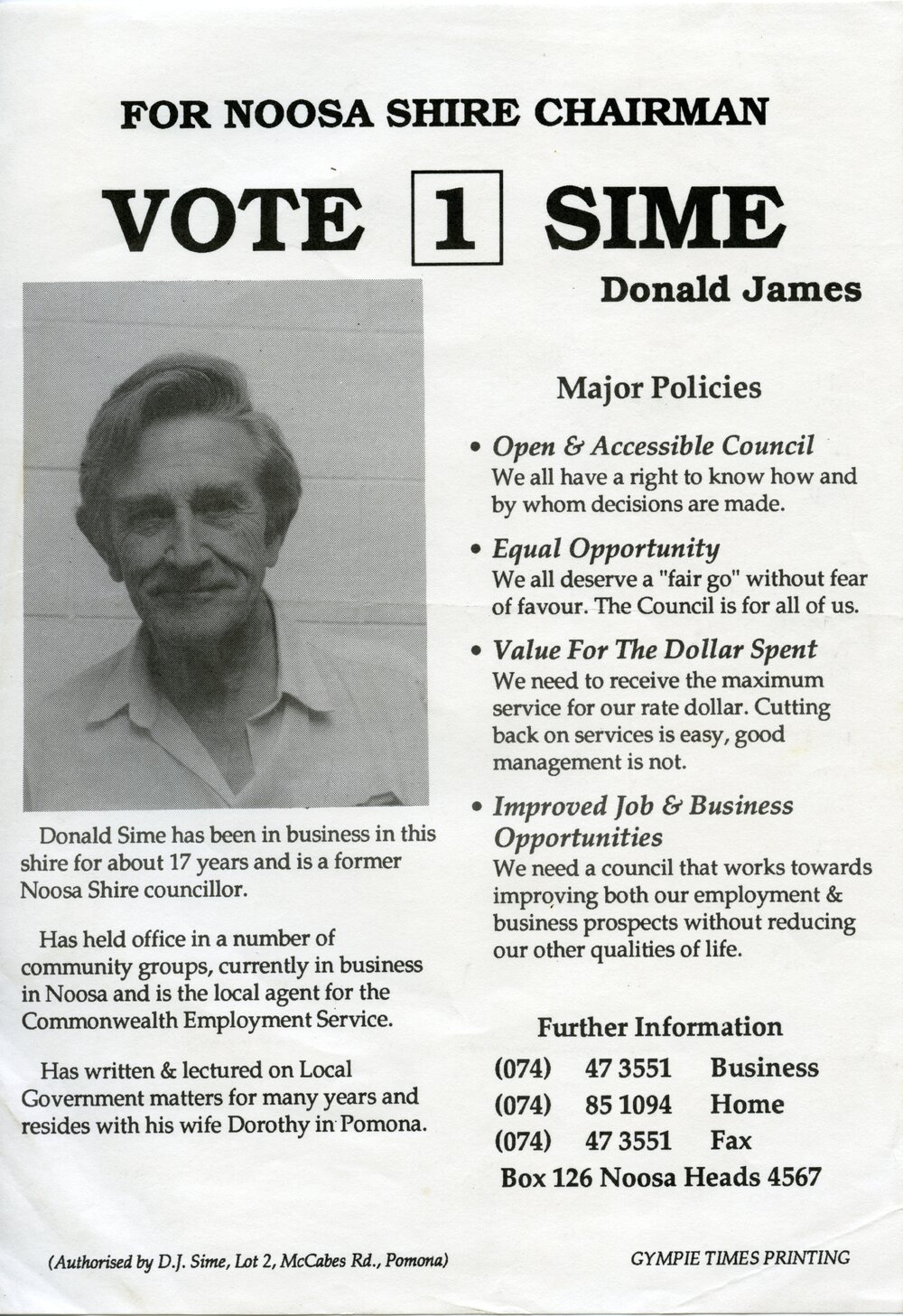 Donald Sime, How-to-Vote Card, local government election, Noosa Council, Tewantin, 27 March 1982