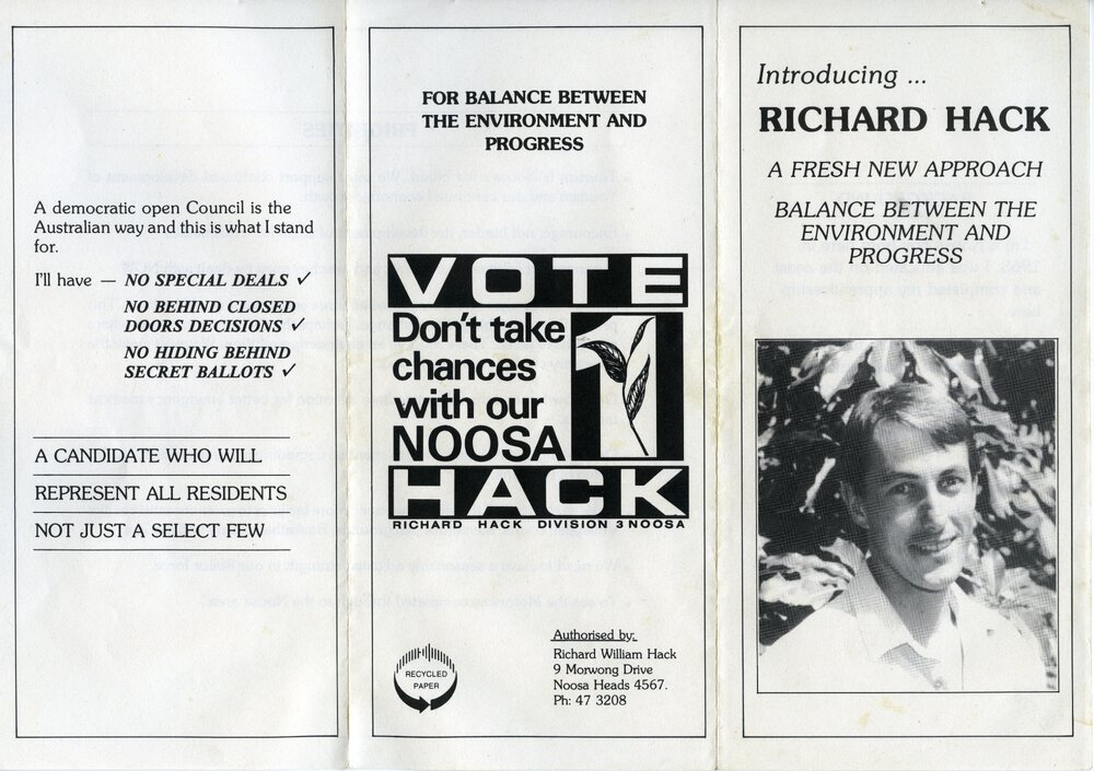 Richard Hack, How-to-Vote Card, local government election, Noosa Council, Tewantin, 23 March 1991