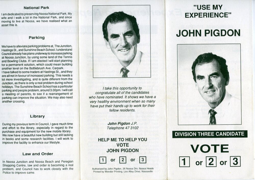 John Pigdon, How-to-Vote Card, local government election, Noosa Council, Tewantin, 27 March 1994
