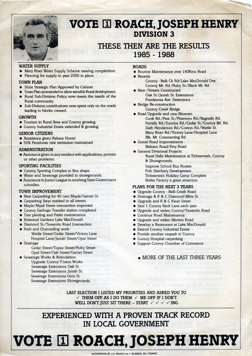 Joseph Roach, How-to-Vote Card, local government election, Noosa Council, Tewantin, 30 March 1985