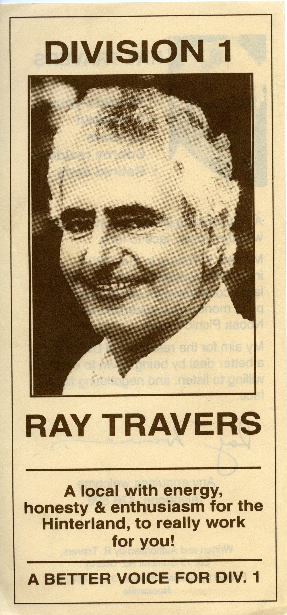 Ray Travers, How-to-Vote Card, local government election, Noosa Council, Tewantin, 26 March 1994