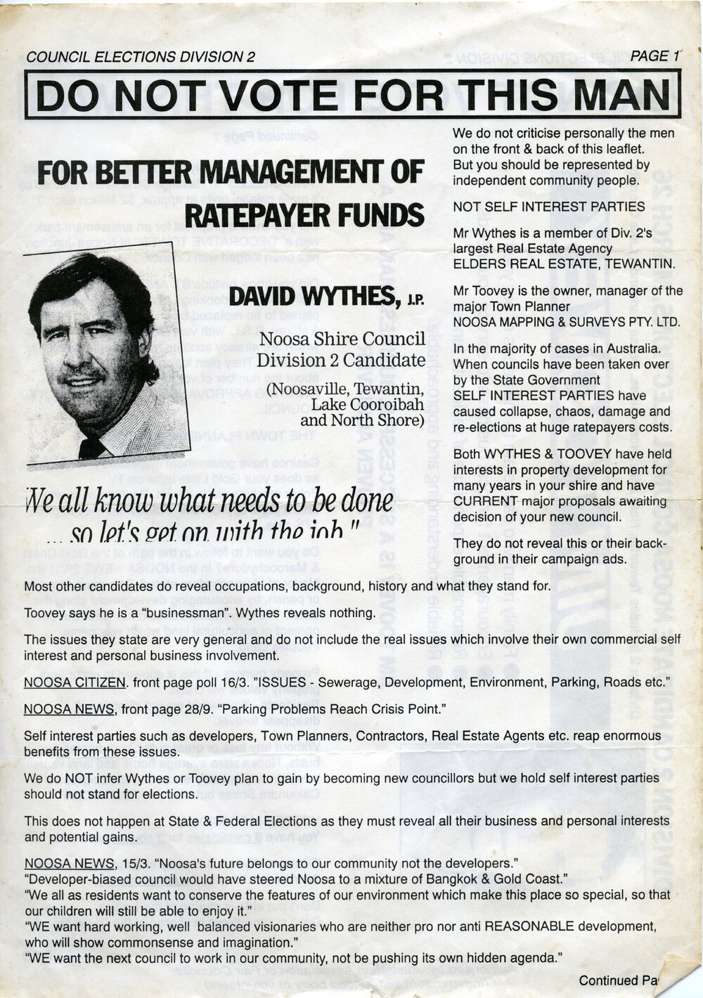 David Wythes, How-to-Vote Card, local government election, Noosa Council, Tewantin, 27 March 1994
