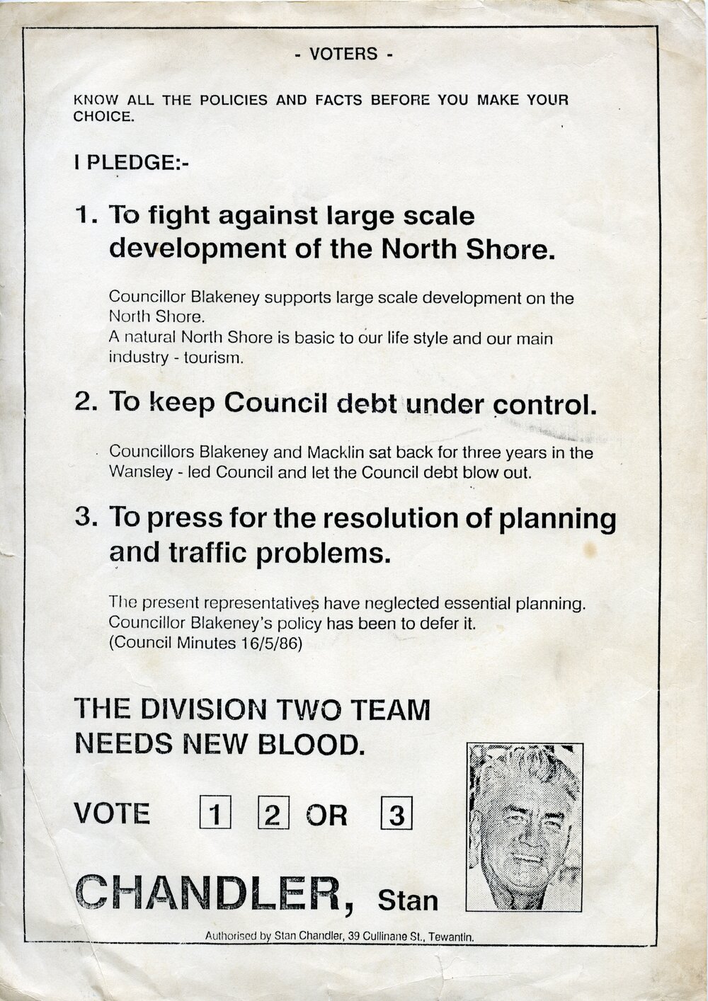 Stan Chandler, How-to-Vote Card, local government election, Noosa Council, Tewantin, 19 March 1988