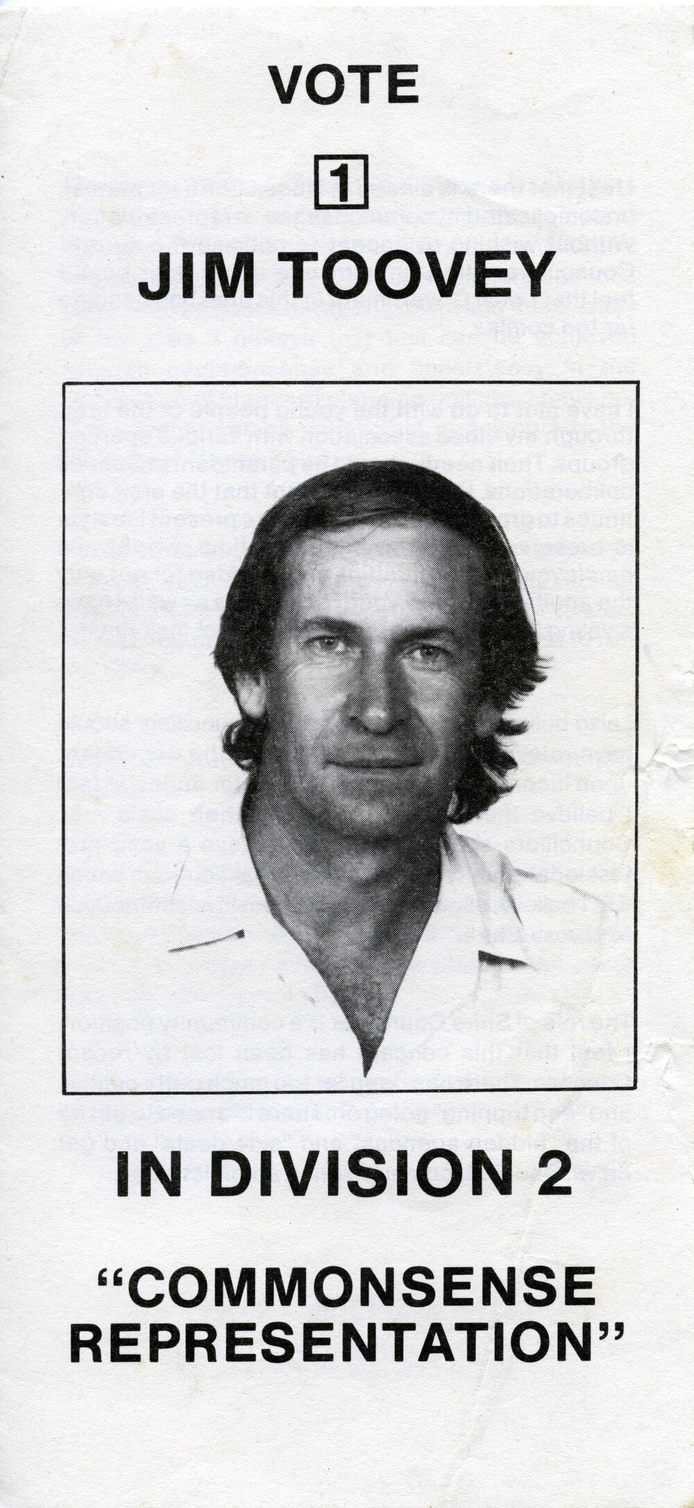 Jim Toovey, How-to-Vote Card, local government election, Noosa Council, Tewantin, 27 March 1982