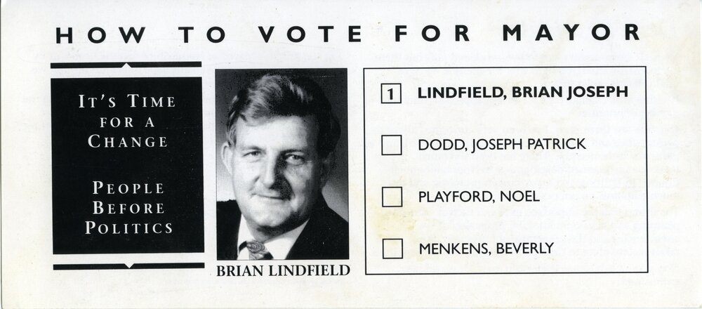 Brian Lindfield, How-to-Vote Card, local government election, Noosa Council, Tewantin, 23 March 1991