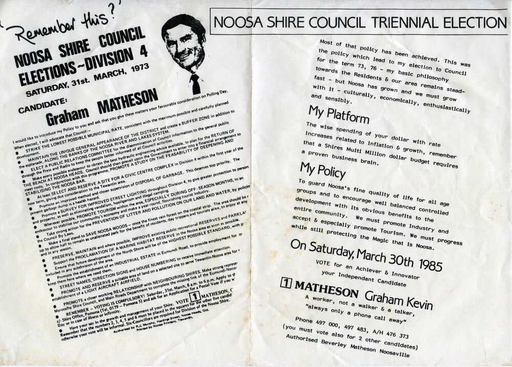 Graham Matheson, How-to-Vote Card, local government election, Noosa Shire Council, Tewantin, 30 March 1985